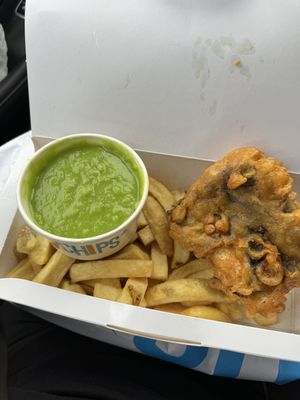 Tofish and chips with mushy peas  at McGinty's Fish and Chips in Fortrose