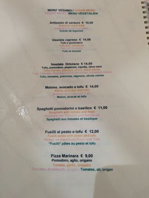 Vegan menu at Fauno Bar in Sorrento