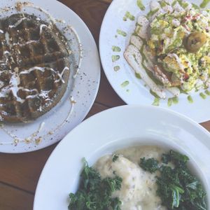 Pumpkin cheesecake waffles, hot nest and biscuits and gravy at A N D Cafe in Portland
