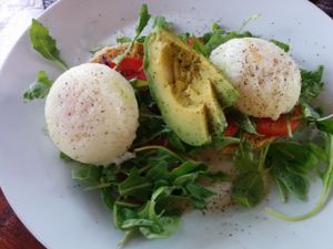 Veggies in a mess; greens, tomato, avocado, biscuits with herbed tofu, or two poached eggs. Non vegan dining companion enjoyed it with the eggs. Not 100% vegan, though vegetarian. at A N D Cafe in Portland