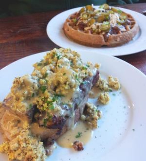 Meatloaf Benedict (yum), and Corndog waffle. Vegan. at A N D Cafe in Portland
