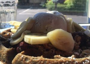 Blue corn waffle, ice cream, granola, pure maple at A N D Cafe in Portland