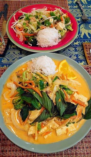 Drunken noodles and tofu curry, made without fish sauce or egg
 at Thai Cuisine in Reading