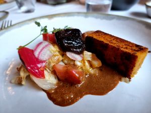 Main course, with polenta at Restaurant Patrick Devos in Bruges