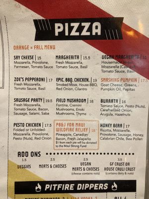 Pizza menu  at Pitfire Pizza in North Hollywood