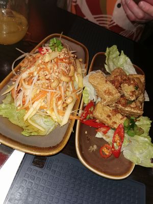Thai Som Tam Salad, and salt and chilli tofu at Tuk Tuk Asian Bistro in Newtownards