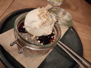 Chia Panna Cotta dessert at BUNK Hotel Restaurant in Utrecht