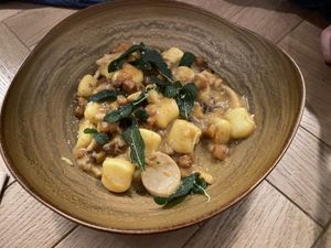 Gnocchi, pumpkin, mushrooms at BUNK Hotel Restaurant in Utrecht