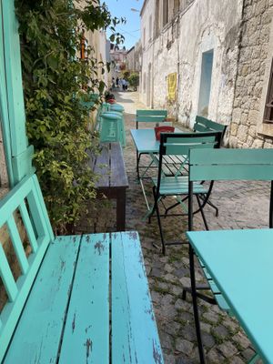 cute outdoor seating area  at Deli Gourmet Falafel in Alacati