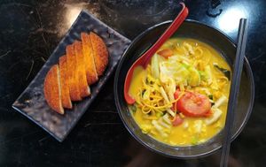 Tomato soup ramen with pork chop cutlet in curry sauce 咖哩鮮茄拉麵(跟豬扒) at Ying Vegetarian in Kowloon
