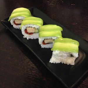 mango fried chicken sushi roll at Ying Vegetarian in Kowloon
