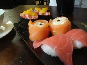 Mango roll, salmon and black truffle, tuna at Ying Vegetarian in Kowloon