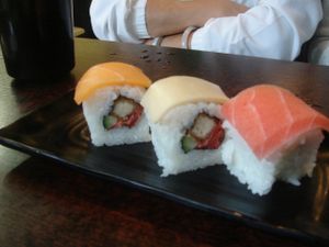 Fried tofu rolls topped with mock salmon, mock abalone, mock tuna at Ying Vegetarian in Kowloon