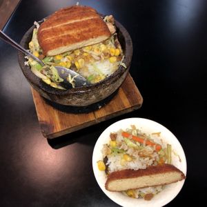 Rice and pork in clay pot (minus egg)  at Ying Vegetarian in Kowloon