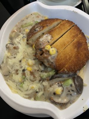 Baked spaghetti with soy pork cutlet- might be real dairy cheese.. beware and eat at your own stomachs risk at Ying Vegetarian in Kowloon