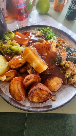 Vegan gravy over our Sunday roast at Walkers Nurseries in Doncaster