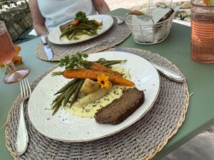 Walnut and millet loaf, home grown beans cashew cream.  at Le Papillon in Castellet