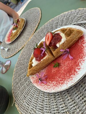 Waffles home made cream strawberries and strawberry confit.   at Le Papillon in Castellet