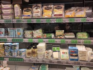 Vegan dairy with labeling at EkoPlaza - Elandsgracht in Amsterdam