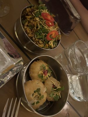 Bhel Puri and Y Chat Bombs (there were two more)  at Mowgli in Ellesmere Port
