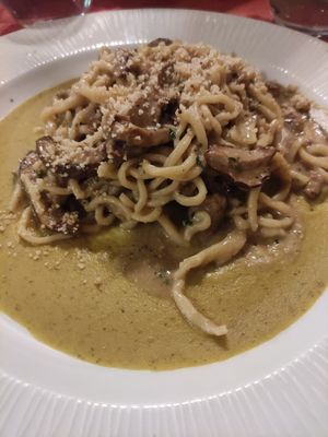 Pici ai funghi porcini e hummus at Albergo Benigni in Campagnano Di Roma