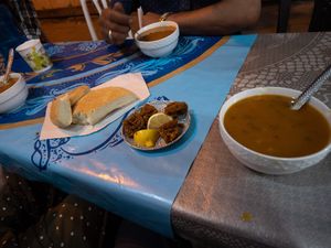 Harira, bread and chebakia  at Vegetarian Soup in Fes