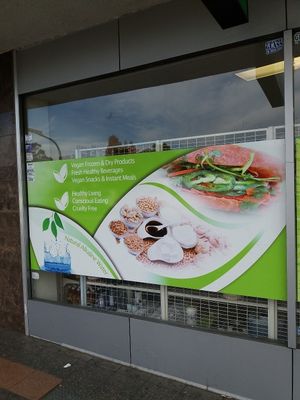 Signage says organic and vegan at Just Green in Cabramatta