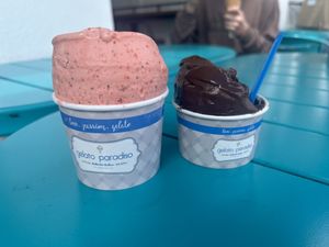 Strawberry (large) and chocolate (regular size)  at Gelato Paradiso in Coronado