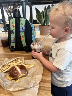 Kids burger, fries and chocolate shake with sprinkles   at elephant+vine in Chicago