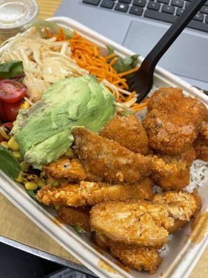 Buffalo bowl with homemade chikn & cauliflower bites  at elephant+vine in Chicago