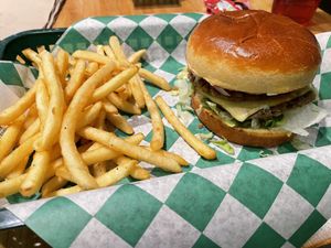 Jalapeño burger (limited time) with fries  at elephant+vine in Chicago