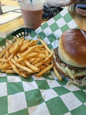 Baja burger and banana berry shake  at elephant+vine in Chicago