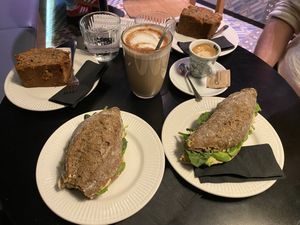 Had the only vegan breakfast option but was nice and the banana bread is a very big chunk and delicious!  at Bazilika Križanke in Ljubljana