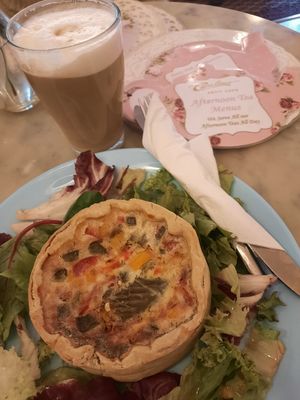 Vegan Paprika Thyme Quiche and Caramel Latte at Carolinas Petit Cafe & Tearoom in Sliema