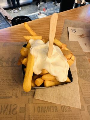 Fries with vegan mayo  at FritBar in Bruges