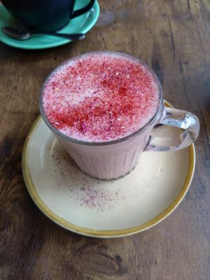 Beetroot and vanilla oat milk latte at The Chakra Lounge in Bakewell