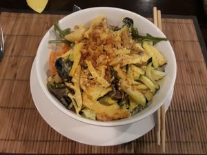 Noodle bowl with tofu, mushrooms, soy pieces, salad, fried shallots,  etc. Delicious! I would definitely  go back here if I lived in Berlin!! at Samadhi in Berlin