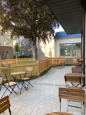 Outdoor seats on their big terrace on the other side of their shop, for sunny lunch from noon onwards.  at Intense Coffee in Luxembourg City