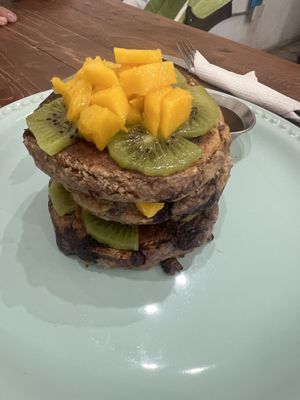 Blueberry pancakes made fresh from scratch  at MAWE Cocina Vegana in Mazatlan