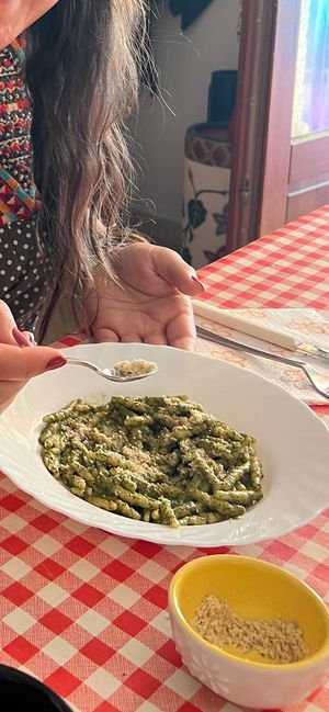 My pesto with homemade fresh vegan pasta and vegan parmigiana reggiano the 2nd of 4 courses  at Te lo do io il Vegano / La Stella Vegan in Lierna