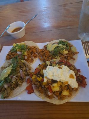 2 pastor tacos, one chimichurri and the4th one is the wow tacos. at Te Quiero Verde in Puerto Vallarta