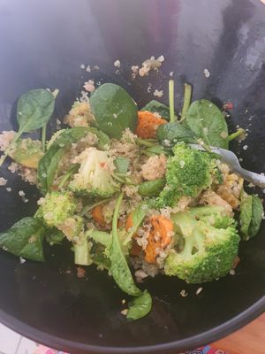 The Buda bowl that I mixed up, I also added the salsas from the tacos. I recommend this for more flavour at Te Quiero Verde in Puerto Vallarta