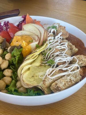 Generous amount of katsu with sauce and all the vegetables, grains, and fruits!   at Five Seventh - 칠분의 오  in Jeju