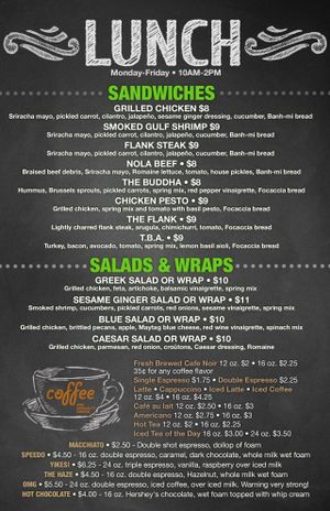 Menu for lunch M-F 10am-2pm at Poeyfarre Market in New Orleans