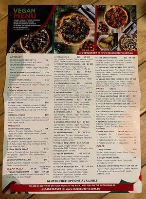 The Vegan Menu  at Locali Pizza in Mermaid Beach