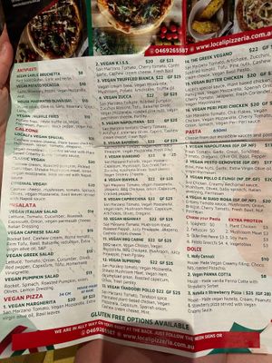 The vegan side of the menu at Locali Pizza in Mermaid Beach