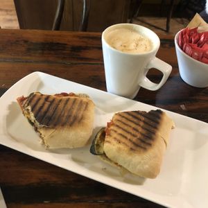 Ratatouille panini and soy milk latte  at Vennels Café in Durham