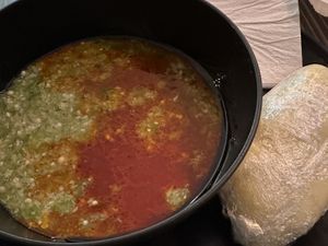 Red stew and okra with fufu  at The Village PVD in Providence