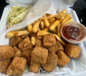 Tofu plate with cabbage and French fries.  at Eatz On The Corner in Pine Mountain