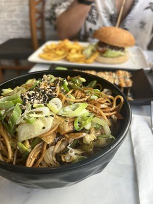 Vegan burger and vegan noodle  at Gems in Mellieha